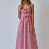 Sweet Escape Picnic Bow Dress in the color Milk Tea Tan