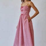 Sweet Escape Picnic Bow Dress in the color Milk Tea Tan